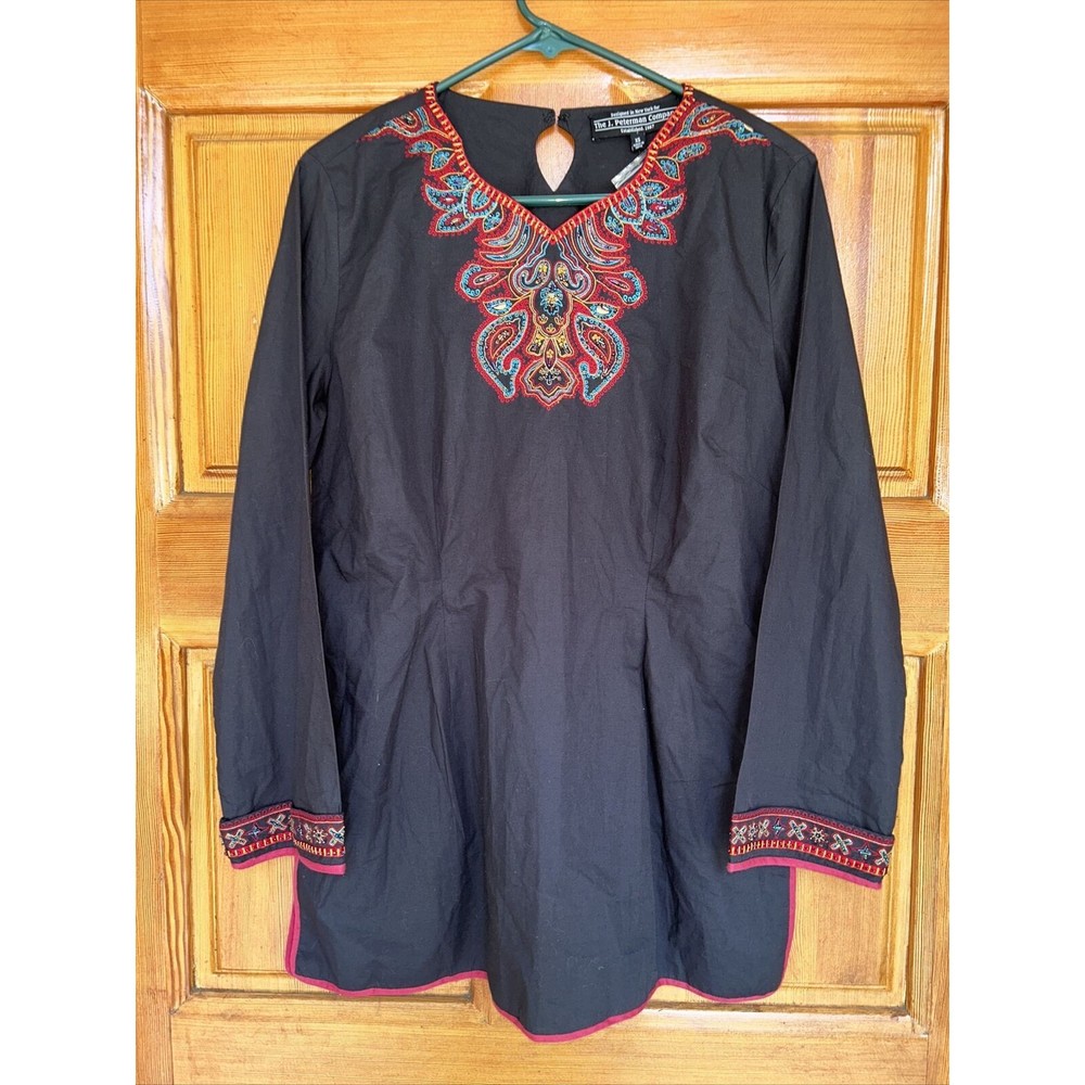 J. Peterman Company Paisley Epiphany Cotton Tunic Embroidered Beaded Black Sz XS